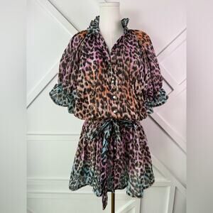 NWT Juliet Dunn Tie Dye Leopard Mini Dress in Turquoise Pink Peach Sz 1 (Sm 4/6)
